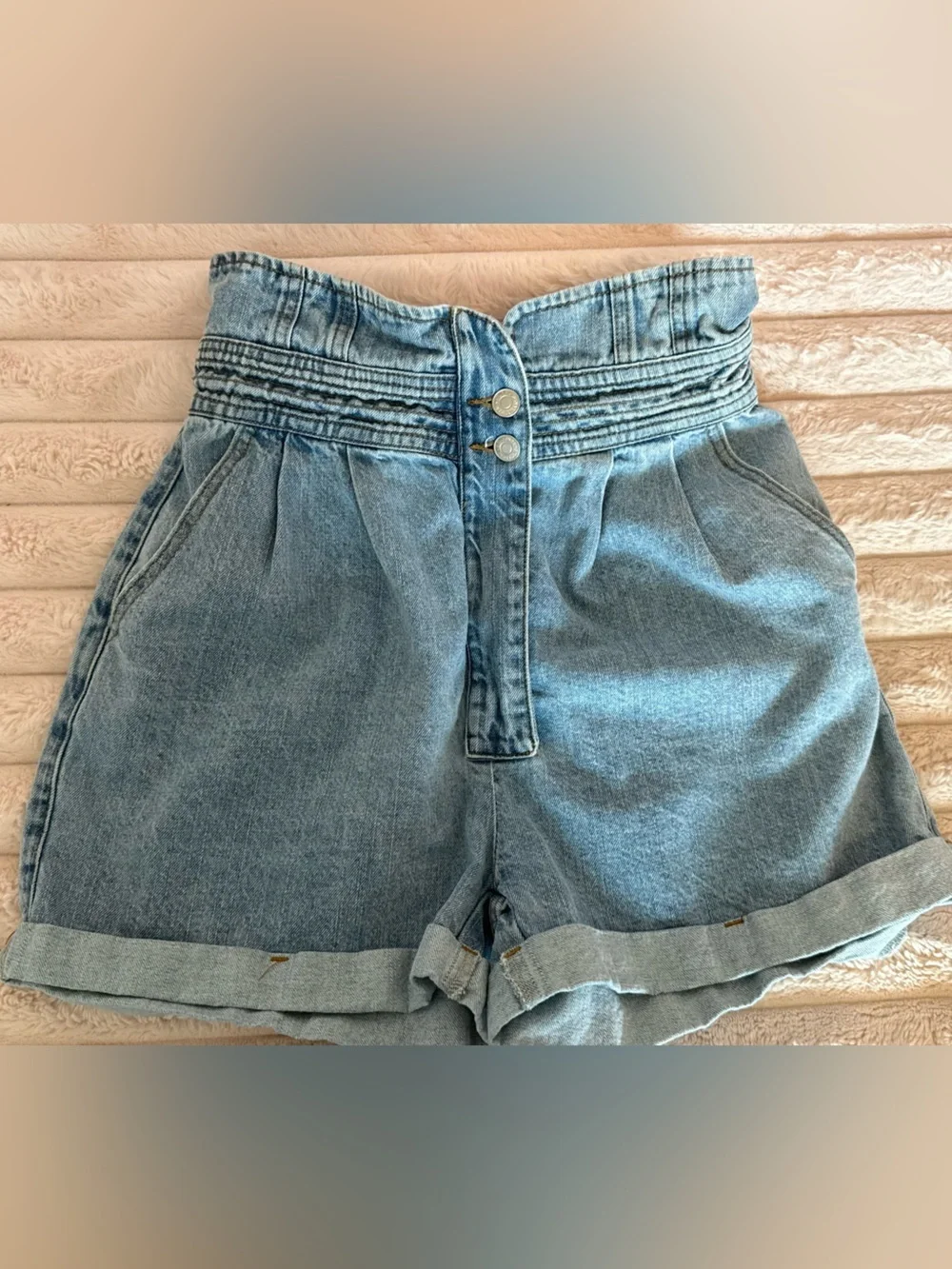 Signature 8 High Waisted Paperbag Denim Shorts Cuffed - Picture 1 of 3